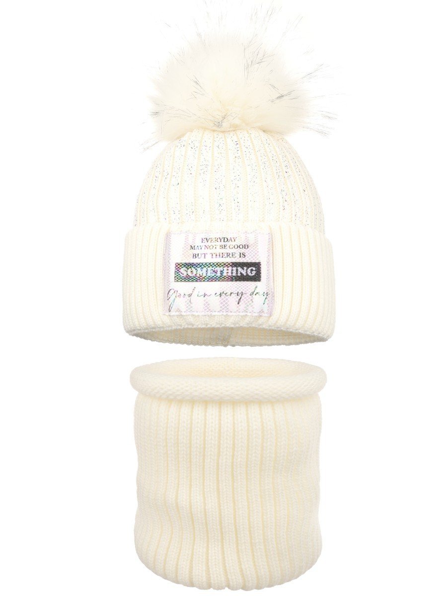 Dziewczęcy komplet zimowy czapka i komin ecru Ambra r.48/50