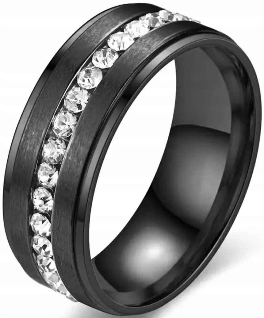 Elegancki Czarny Pierścionek z Brylantami Sygnet Pierścień Stal Szlachetna