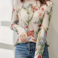 Swetry damskie - TEMU Francuski Elegancki Sweter z Kwiatowym Nadrukiem dla Kobiet - Miękka Półprzezroczysta, Okrągły Dekolt, Średnia Elastyczność i na Każdą Porę Roku - miniaturka - grafika 1