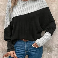 Bluzki damskie - TEMU Bluzka Damska z Eleganckim Żebrowaniem i Kolorowymi Rękawami Raglan - Casualowa i Stylowa na Jesień i Zimę, Biało-Czarny Dwukolorowy Wzór, - miniaturka - grafika 1