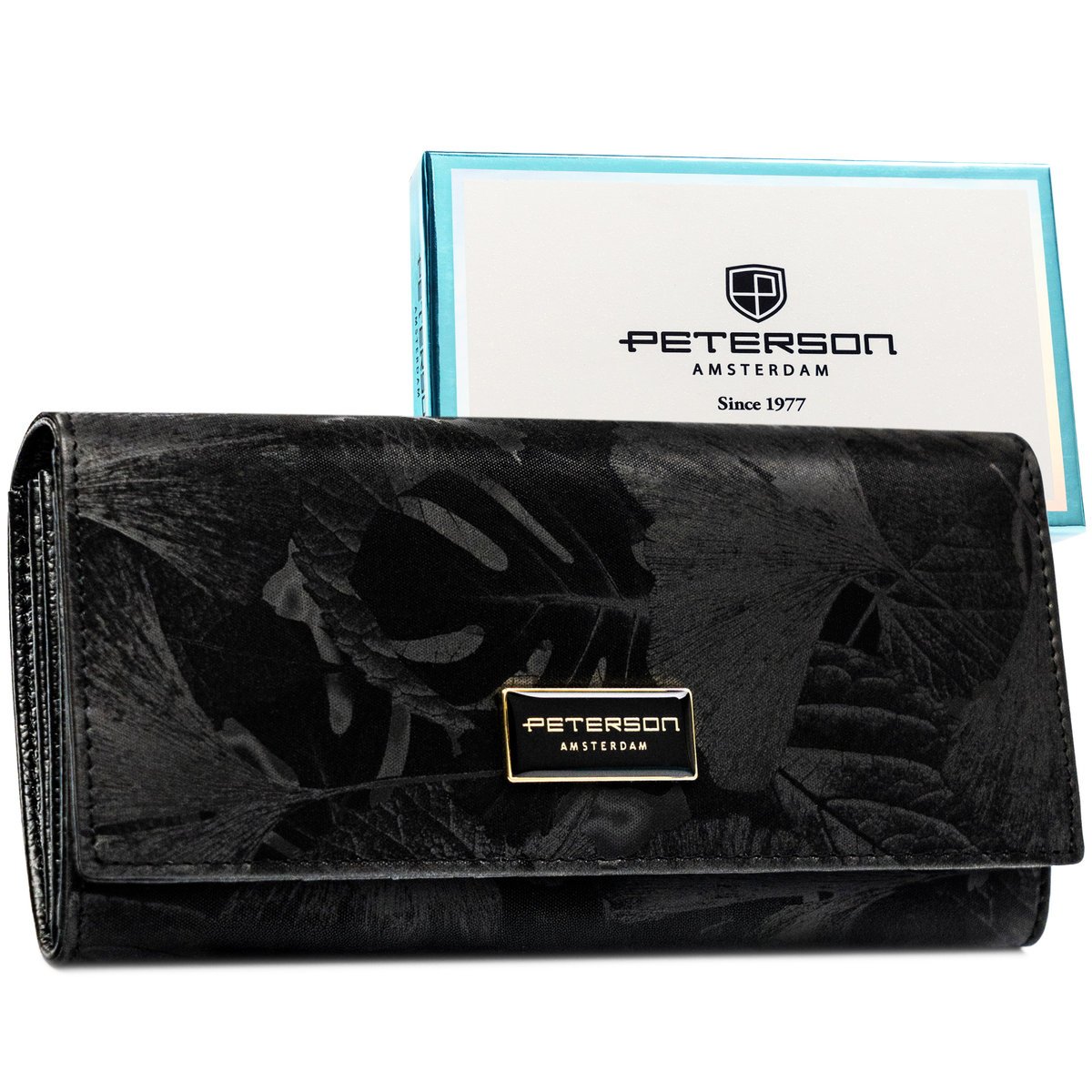 Elegancki portfel damski PETERSON ochrona rfid stop duży poziomy na zatrzask motyw roślinny modny karty dokumenty gotówka czarny pudełko producenta