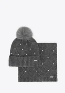 Czapki damskie - Komplet damski zimowy – czapka i komin w kryształki szary - miniaturka - grafika 1