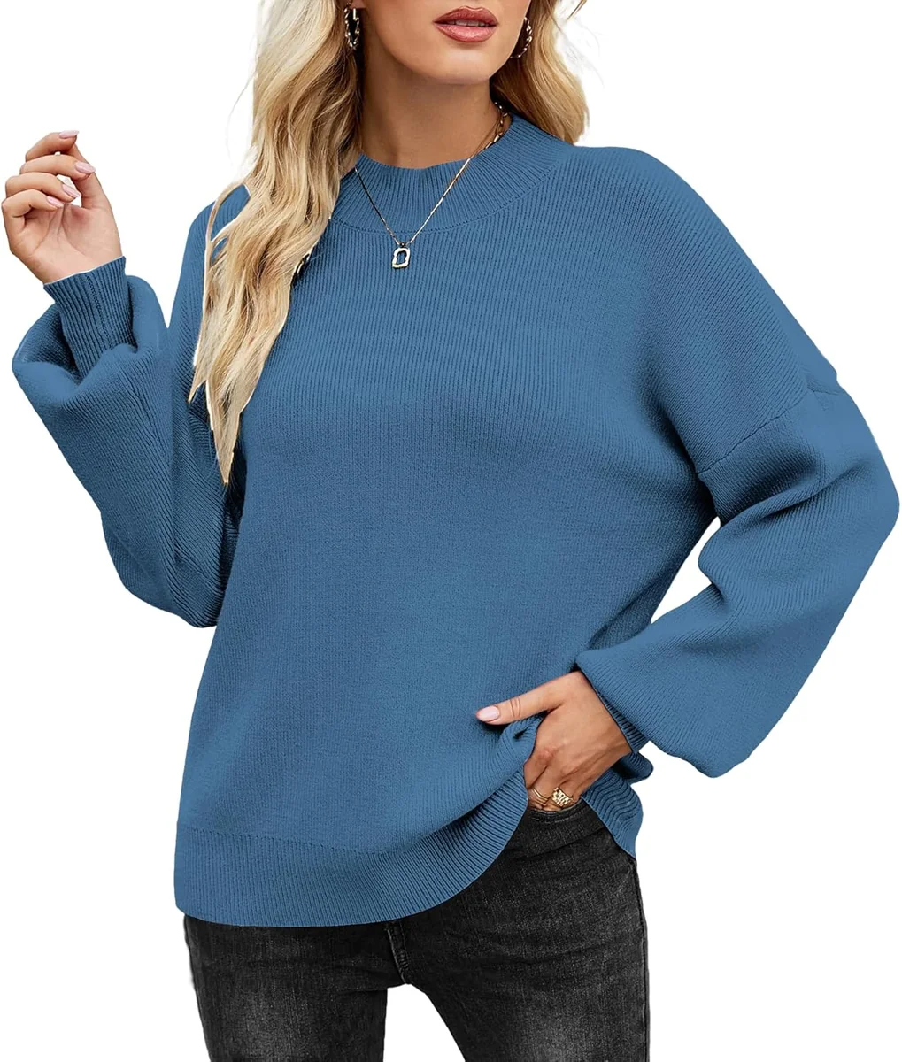 Sweter Damski Dzianinowy z Długim Rękawem Bufkami Elegancki Niebieski M