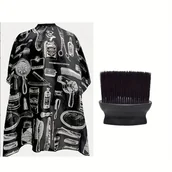 Peleryny fryzjerskie - TEMU Profesjonalny, wysokiej jakości kapelusz fryzjerski z regulowanym zamkiem szyjnym i antystatyczną tkaniną - Stylowy czarno-biały wzór narzędzi - miniaturka - grafika 1