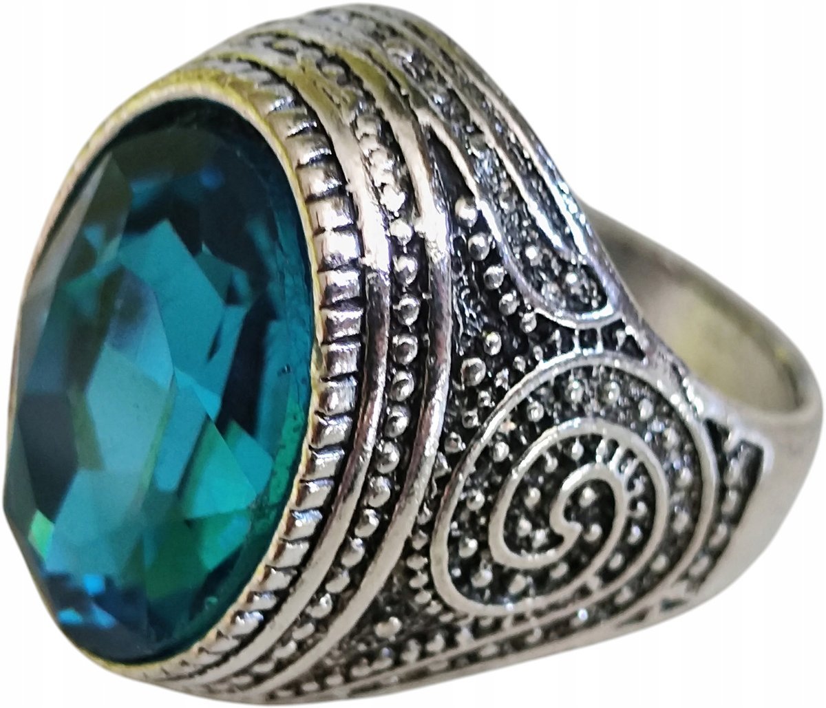 Srebrny Sygnet z Dużym Akwamarynem Niebieski Kamień Stal Szlachetna Vintage