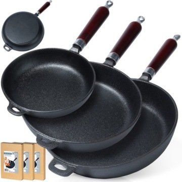 3x Patelnia Żeliwna na gaz indukcję grill do smażenia duszenia 20 24 28 cm