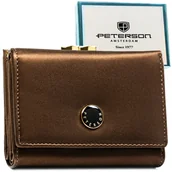 Portfele - Portmonetka damska brązowa ze złotymi okuciami mały portfel na zatrzask i bigiel rozbudowany na karty PETERSON skóra naturalna i ekologiczna pudełko.. - miniaturka - grafika 1