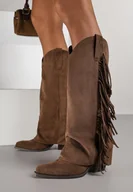 Kozaki damskie - Brązowe Kozaki Kowbojki na Obcasie z Wywiniętą Cholewką z Frędzlami Monasatia - miniaturka - grafika 1