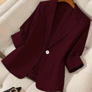 TEMU Jasnobrązowy Damski Casualowy Marynarka - Jednorzędowa, Trzyczęściowe Rękawy, Możliwość Prania w Pralce, Elegancki Styl na Wiosnę i , Strój na - Marynarki i żakiety damskie - miniaturka - grafika 1