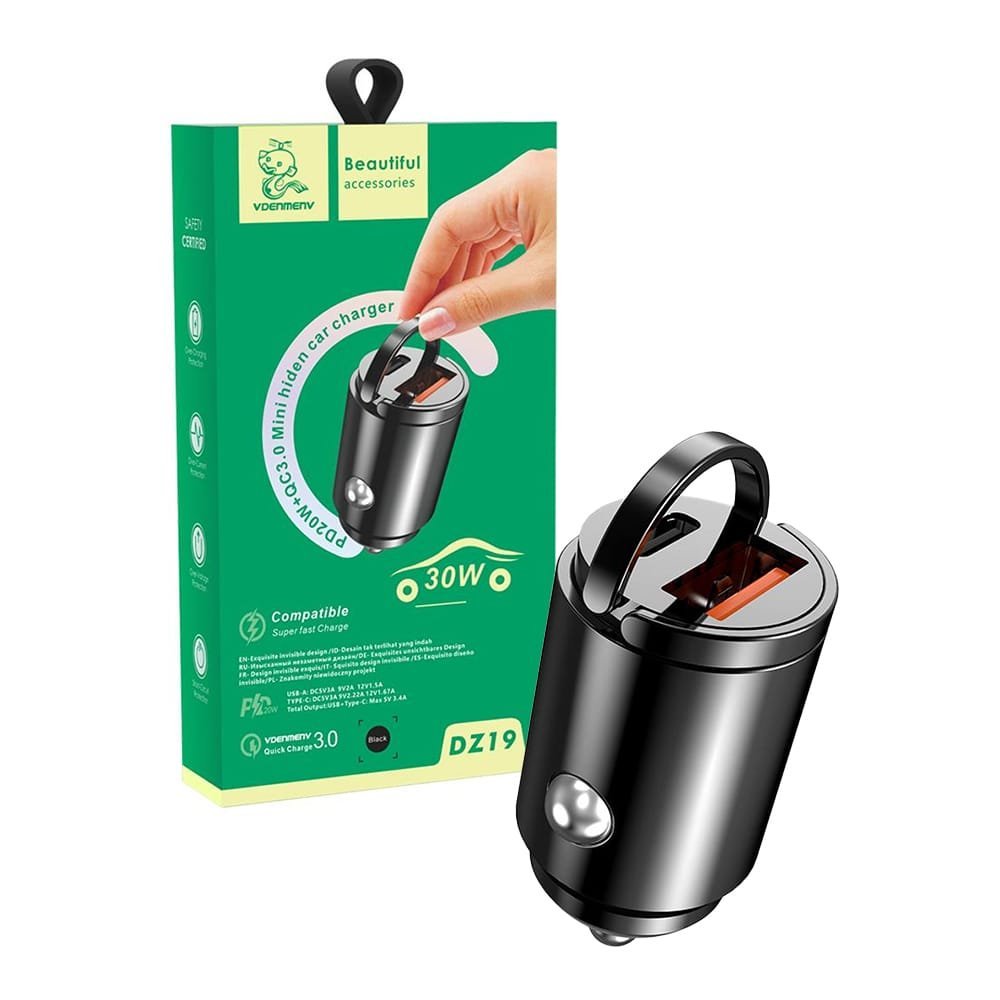 Denmen ładowarka samochodowa USB / Typ-C 30W QC PD czarny DZ19