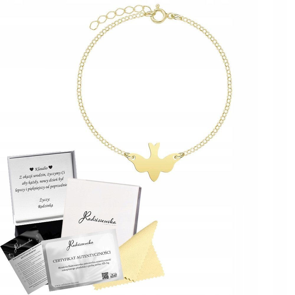 Bransoletka Pozłacana Duch Święty Gołębica Prezent 925 GRAWER GRATIS