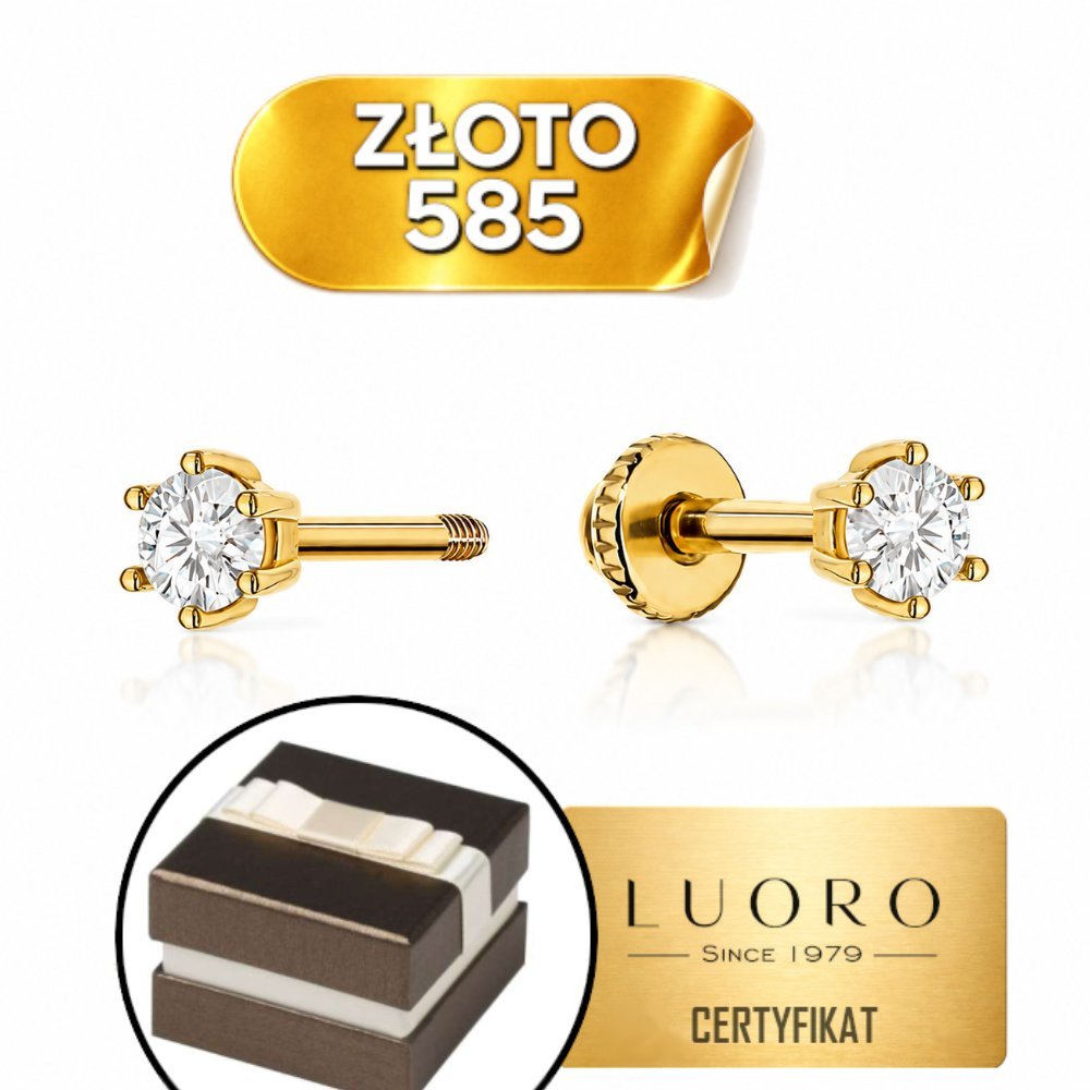 KOLCZYKI ZŁOTE 585 14K Z CYRKONIĄ KÓŁKO NA SZTYFCIE ZAKRĘCANE 3,2 MM