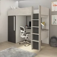 Meble do sypialni - Łóżko z antresolą 90 x 200 cm z szafą i biurkiem - Kolor: Naturalny i antracytowy - NICOLAS - miniaturka - grafika 1