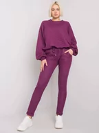 Komplety damskie - Komplet dresowy ciemny fioletowy casual bluza i spodnie dekolt okrągły rękaw długi nogawka prosta długość długa pikowanie troczki bufiasty - miniaturka - grafika 1