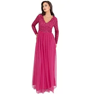 Sukienki - Maya Deluxe Damska Sukienka Rękaw Na Ślubny Goście V Neck High Empire Talii Maxi Długa Długość Wieczorna Bridesmaid Prom Sukienki, Fuschia, 46 Kobiet, Fuschia, 42 - miniaturka - grafika 1