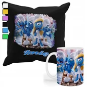 Gadżety dla niej i dla niego - ZESTAW KUBEK + PODUSZKA Z POSZEWKĄ- PREZENT DLA FANA THE SMERFS + IMIĘ - miniaturka - grafika 1