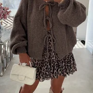 Swetry damskie - TEMU Kardigan Damski Elegancki – Sweter z Wiązaniem, Pranie w Praniu Maszynowym, Uniwersalny do Biura i Codziennych Stylizacji – Neutralne Kolory - miniaturka - grafika 1