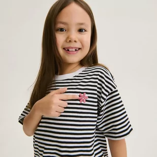 Reserved - Bawełniany t-shirt w paski - Biały - Koszulki dla dziewczynek - miniaturka - grafika 1