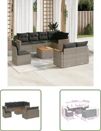 Sofy ogrodowe - The Living Store 9-częściowa sofa ogrodowa z poduszkami z szarego polirattanu - miniaturka - grafika 1