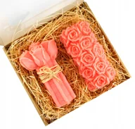 Świece - Zestaw prezentowy upominek dwie świece bukiet róży i róża 15 cm łososiowe - miniaturka - grafika 1