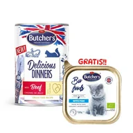 Mokra karma dla kotów - BUTCHER'S Delicious Dinners kawałki z wołowiną w galaretce 400g (kot) + Bio Food Cat z rybą 85g GRATIS!! - miniaturka - grafika 1