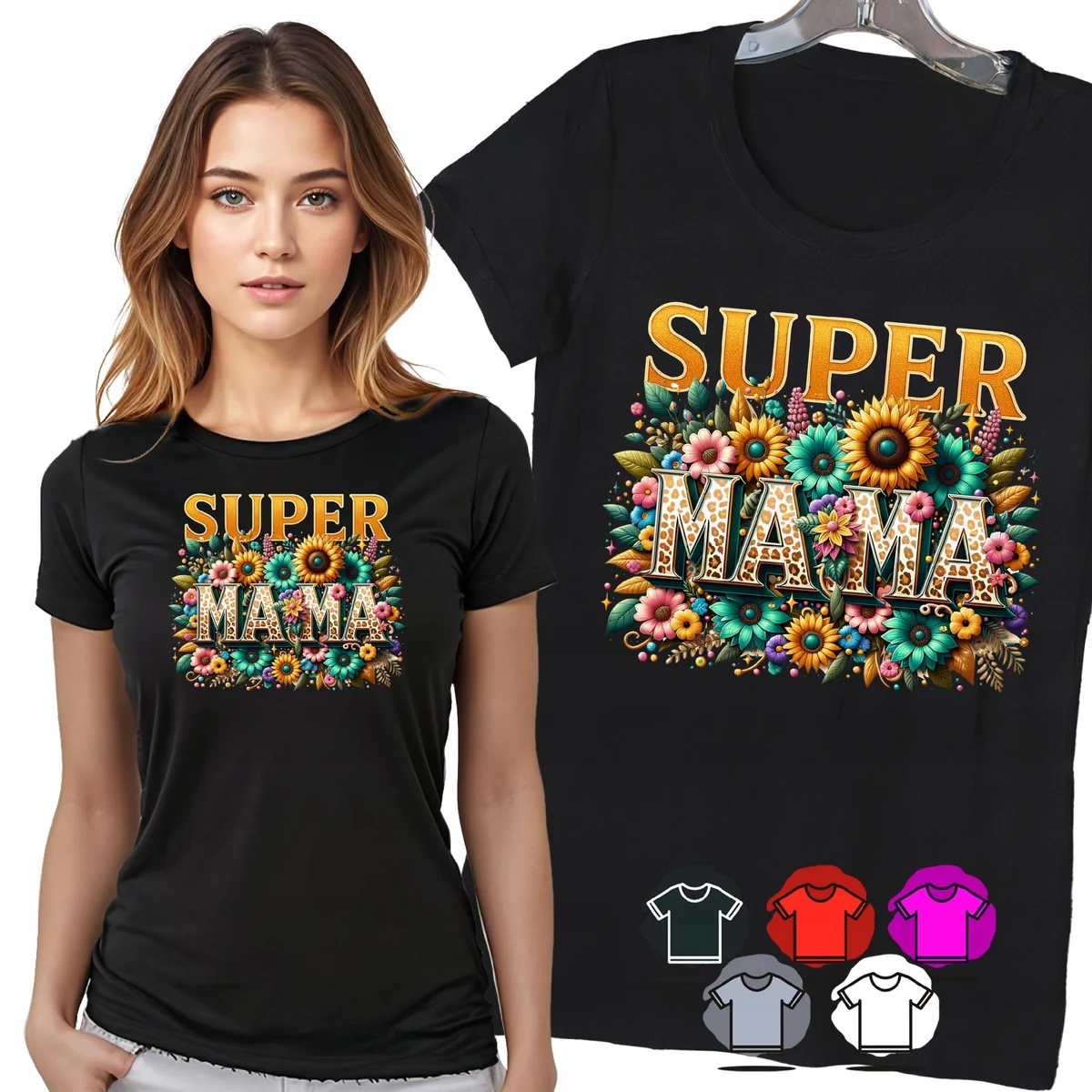 KOSZULKA DAMSKA T-SHIRT - SUPER MAMA SŁONECZNIKI ZŁOTE KWIATY WZÓR - M