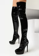 Kozaki damskie - Czarne Lakierowane Kozaki za Kolano na Wysokiej Szpilce i Platformie Zobba - miniaturka - grafika 1