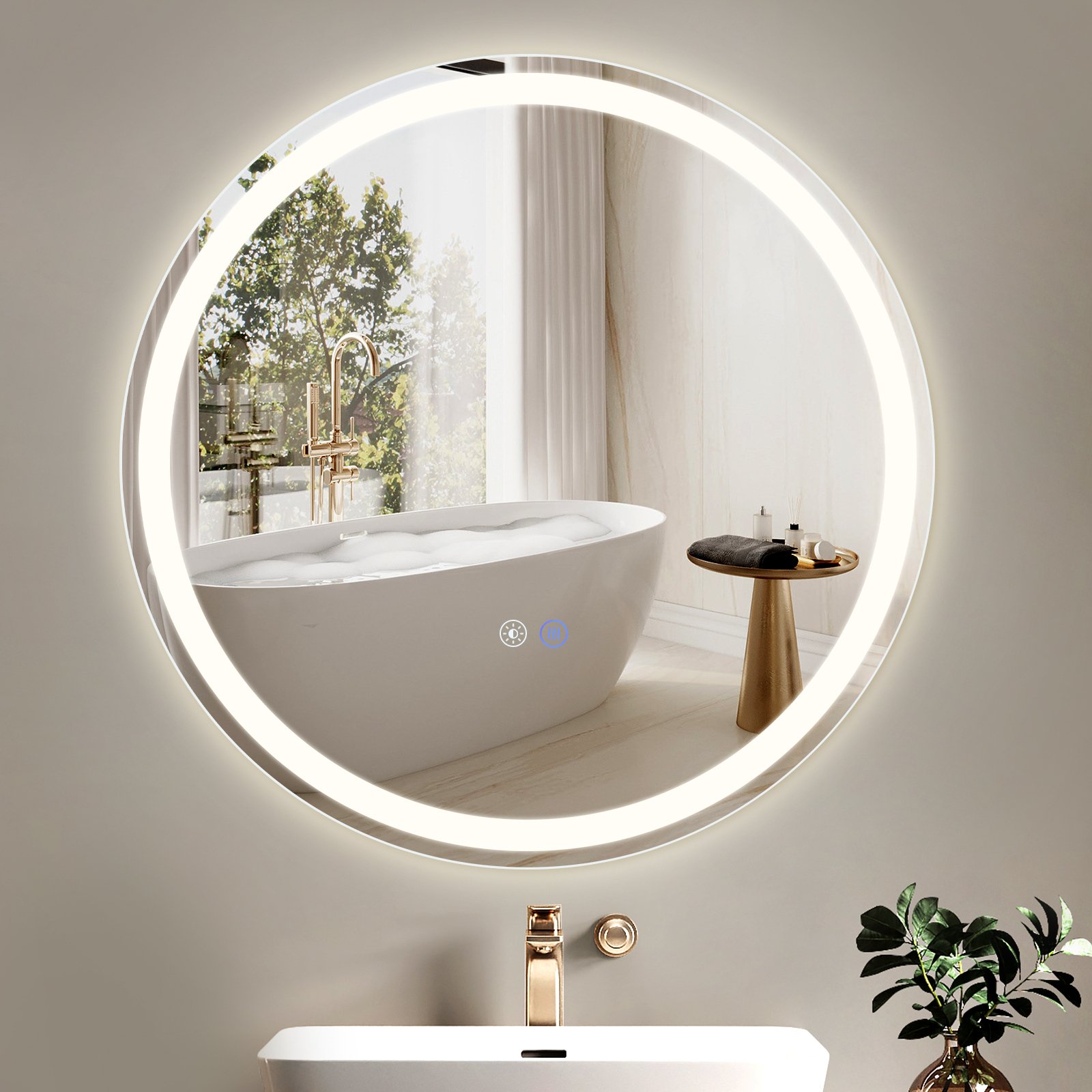 ZMH Lustro łazienkowe z oświetleniem - Lustro łazienkowe LED okrągłe lustro ścienne łazienkowe IP44 z przełącznikiem dotykowym i odmgławiaczem60cm Ściemnialne 3000K-6500K
