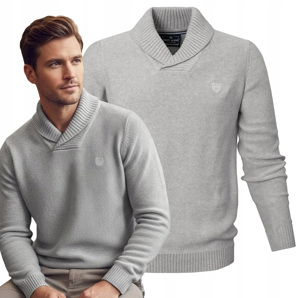 Elegancki SWETER Męski Bawełniany z Kołnierzem JASNOSZARY Pako Jeans Elegancki SWETER Męski Bawełniany z Kołnierzem JASNOSZARY XL Pako Jeans