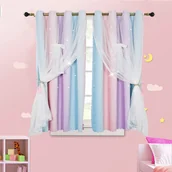 Firany i zasłony dla dzieci - Zasłony z oczkami Zestaw 2 zasłon Sypialnia Pokój dziecięcy Dziewczynki Zaciemniająca nieprzezroczysta zasłona z wydrążoną gwiazdą i woalem, 1,3 * 2,43 m, niebieski + fioletowy - miniaturka - grafika 1