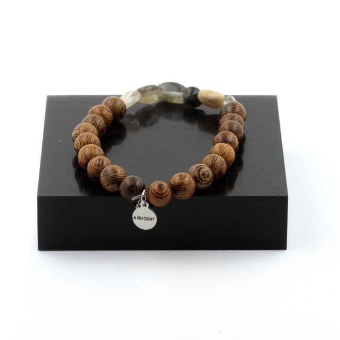 Kamienie i minerały. Bransoletka Green Phantom Quartz z Brazylii + drewniane koraliki 8 mm. Wyprodukowano we Francji.