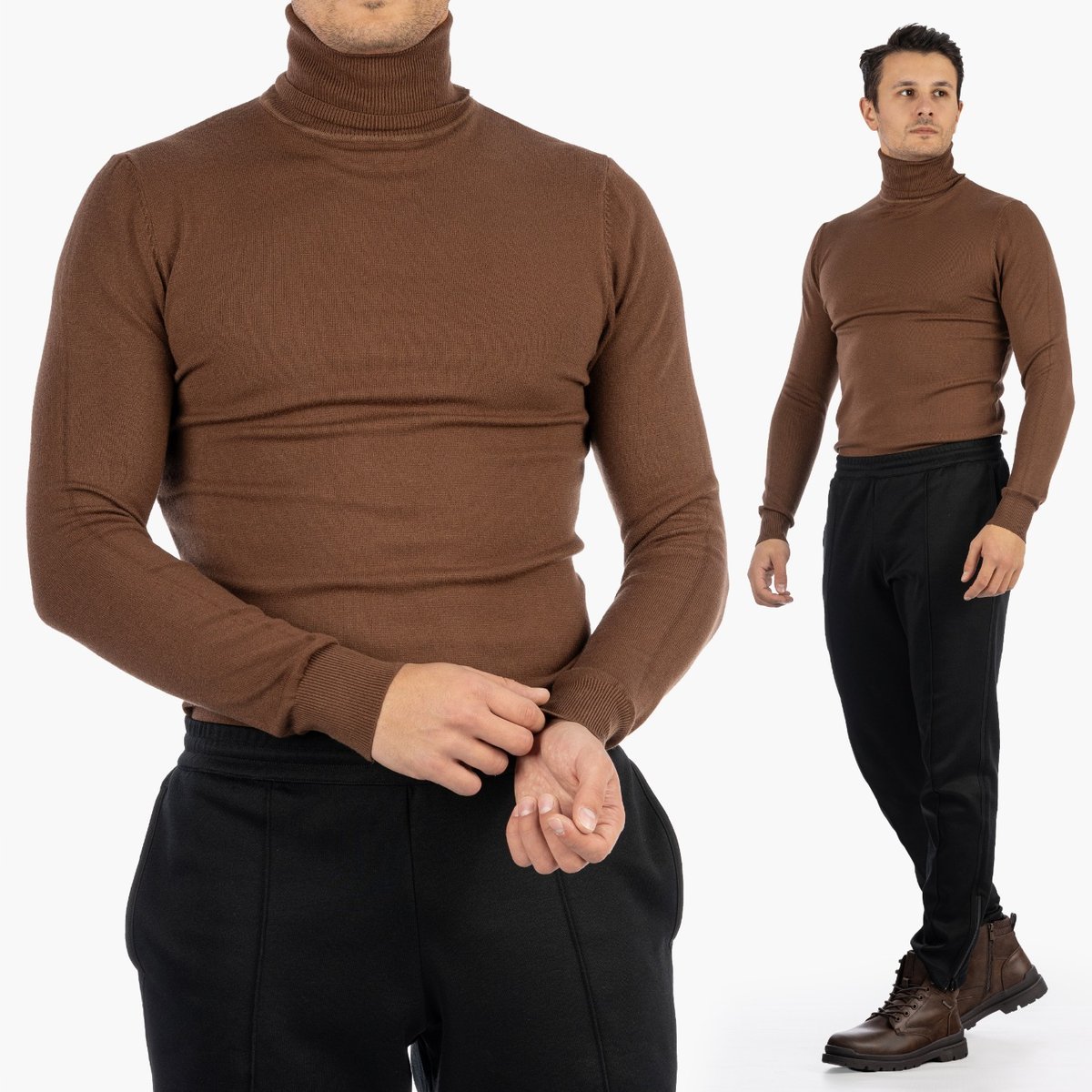 Sweter Męski Golf Elegancki Klasyczny Brązowy Tony Moro XL Brązowy