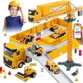 Zabawki konstrukcyjne - ZESTAW POJAZDÓW BUDOWLANYCH 6w1 Z TRANSPORTEREM – Dźwięki, Światła, Realistyczne Akcesoria PREZENT DLA CHŁOPCA DZIECKA + EBOOK - miniaturka - grafika 1