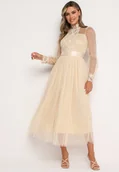 Sukienki - Jasnobeżowa Rozkloszowana Sukienka Maxi z Siateczki Ozdobiona Koronką Vireln - miniaturka - grafika 1