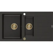 Zlewozmywaki - Mexen Matias zlewozmywak granitowy 1,5-komorowy z ociekaczem 900 x 505 mm, czarny/złoty metalik, syfon złoty - miniaturka - grafika 1