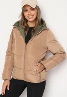 Kurtki damskie - Ciemnobeżowa Dwustronna Pikowana Kurtka z Kapturem Ściągana przy Rękawach Nevelas - miniaturka - grafika 1