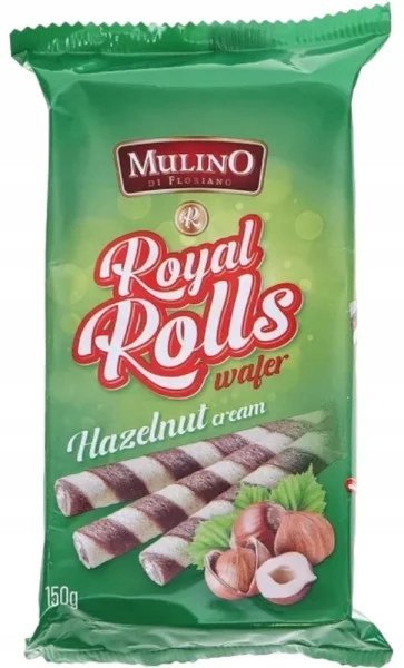 Mulino 150g Rurki waflowe z kremem o smaku orzechowym Royal Rolls Hazelnut