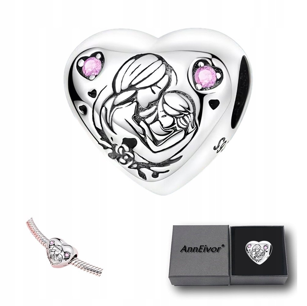 Koralik Modułowy Srebrny S925 Serce Mama Dziecko Kryształ Urodziny Dziecka