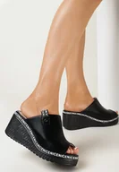 Klapki i japonki damskie - Czarne Klapki na Koturnie z Szerokim Paskiem Eshala - miniaturka - grafika 1