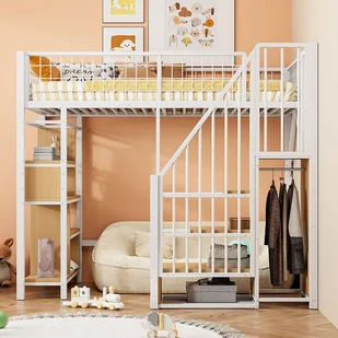 Łóżko na antresoli, 90 x 200 cm, metalowe łóżko z miejscem do przechowywania, półką i drabinką, białe - Łóżka dla dzieci i młodzieży Łóżko na antresoli, 90 x 200 cm, metalowe łóżko z miejscem do przechowywania, półką i drabinką, białe - Łóżka dla dzieci i młodzieży - miniaturka - grafika 1