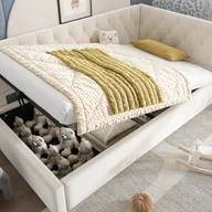 Sofy i kanapy - Sofa rozkładana z funkcją spania 90x200 cm - ze schowkiem - tkanina aksamitna - ze stelażem listwowym - beżowa (bez materaca) - miniaturka - grafika 1