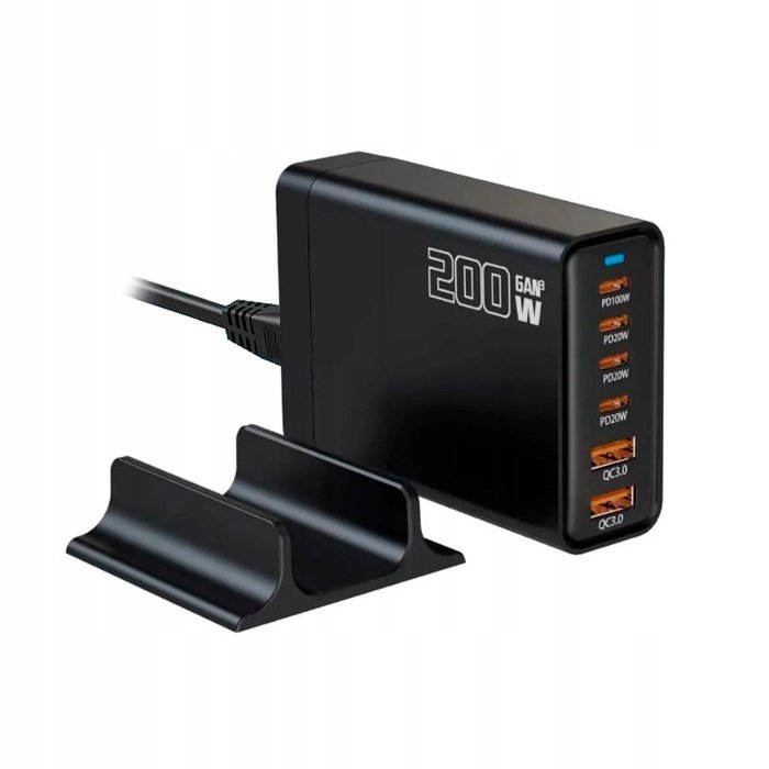 Zasilacz Ładowarka 200W GaN 2x QC USB 4xUSB-C do laptopa iPhone Mac 100W