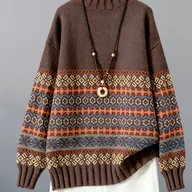 Swetry damskie - TEMU Elegancki sweter z dzianiny w kwiaty, luźny krój, z dekoltem do połowy szyi Wzór w b kolorystyczne, idealny na jesień/zimę - miniaturka - grafika 1