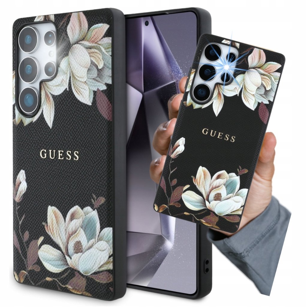 Guess Etui Grained Flower Pattern MagSafe do Galaxy S25 Ultra, czarne