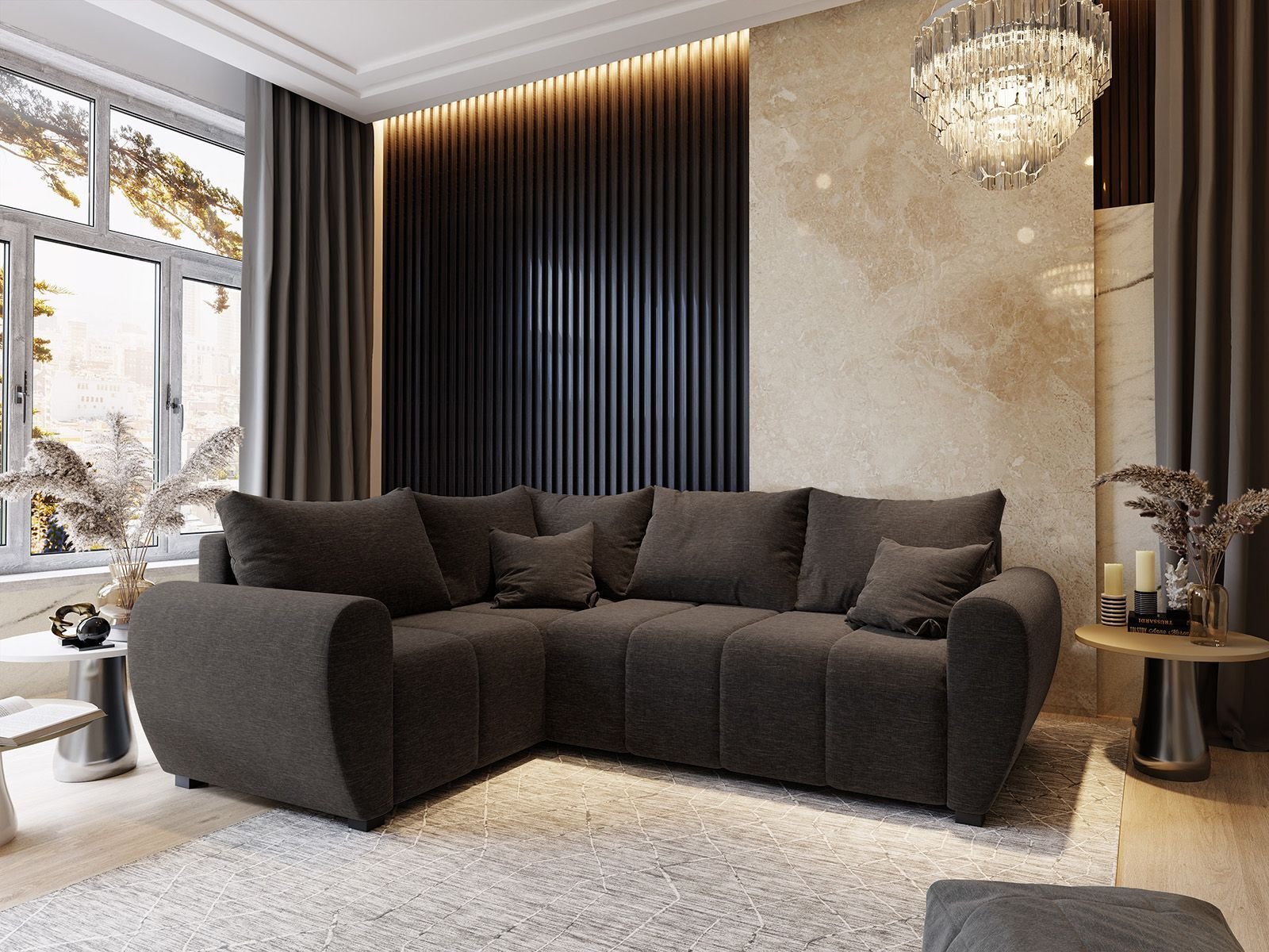 Masseno Narożnik MADISON L L-S z funkcją spania i pojemnikiem na pościel Kształt L, Rozkładana sofa, Rogówka - Brązowy, SAWANA 16
