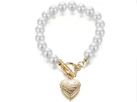 Bransoletki - Bransoletka Białe Kuleczki Z Dużym Sercem Grawer Róża I Napis I Love You Perłowe Kulki Na Prezent - miniaturka - grafika 1