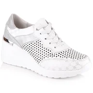 Półbuty damskie - Skórzane komfortowe półbuty na koturnie ażurowe białe S.Barski LR29587 - miniaturka - grafika 1