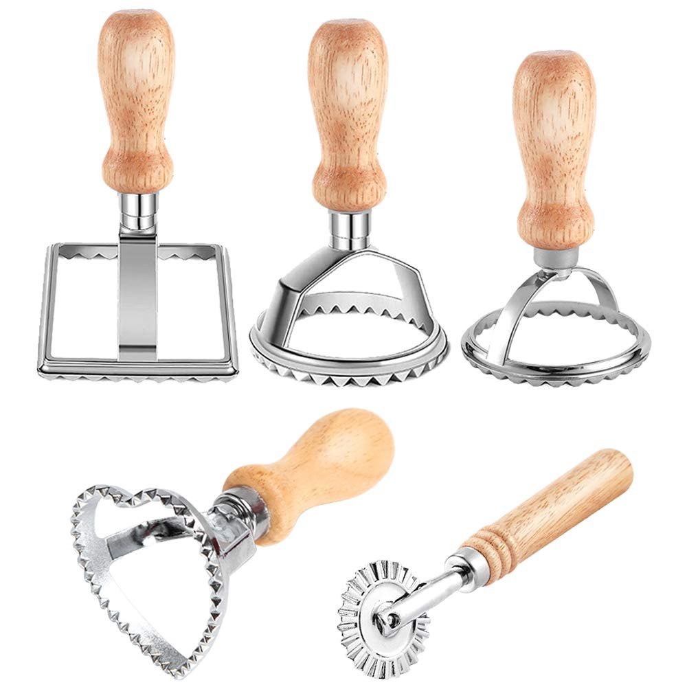 Zestaw 5 stempli do ravioli, foremki do ravioli z drewnianą rączką i karbowanym brzegiem, foremka do ciasta, do robienia pierogów, empanadilli lub c..