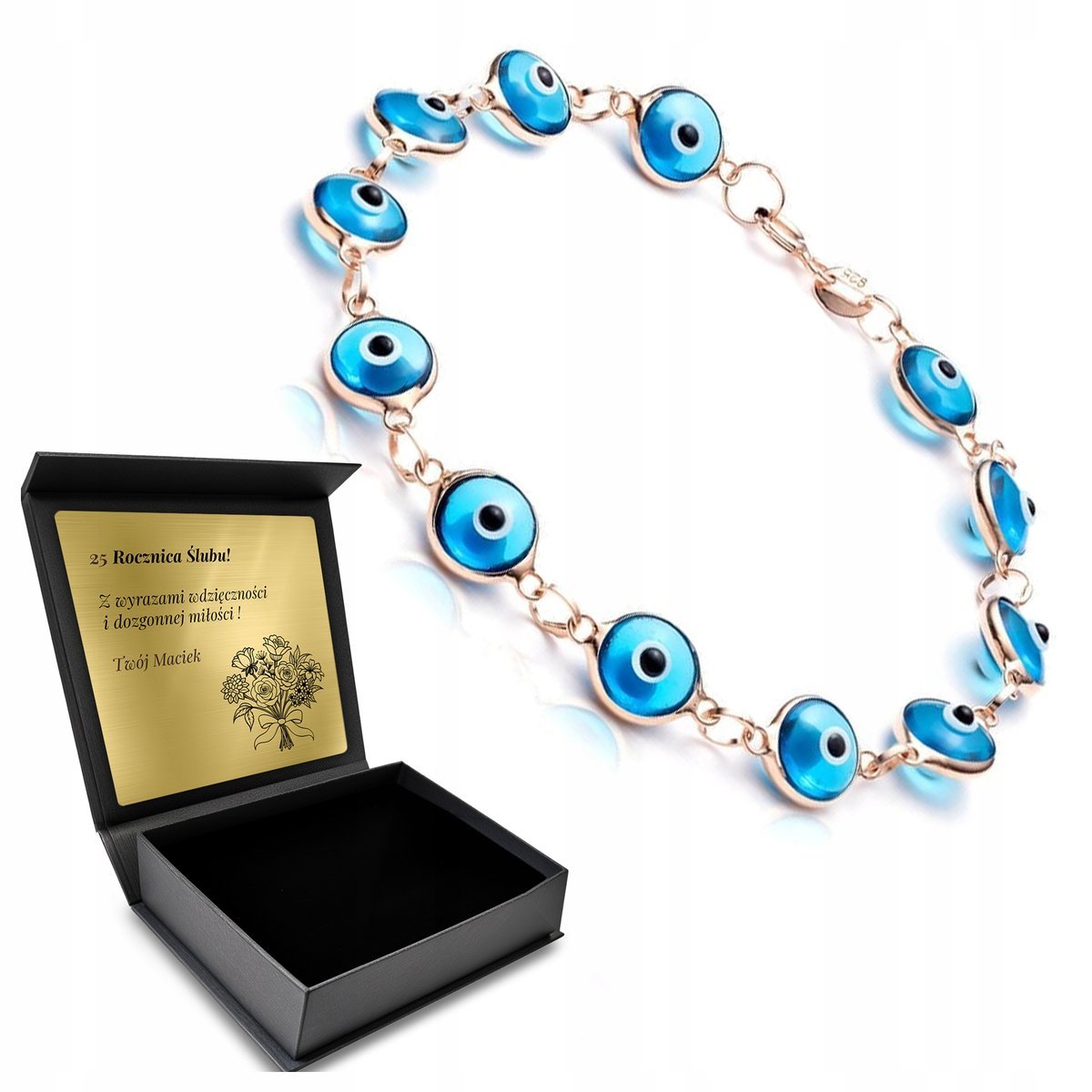 Bransoletka Srebrna Pozłacana Oko Proroka Turecka Orientalna Grawer