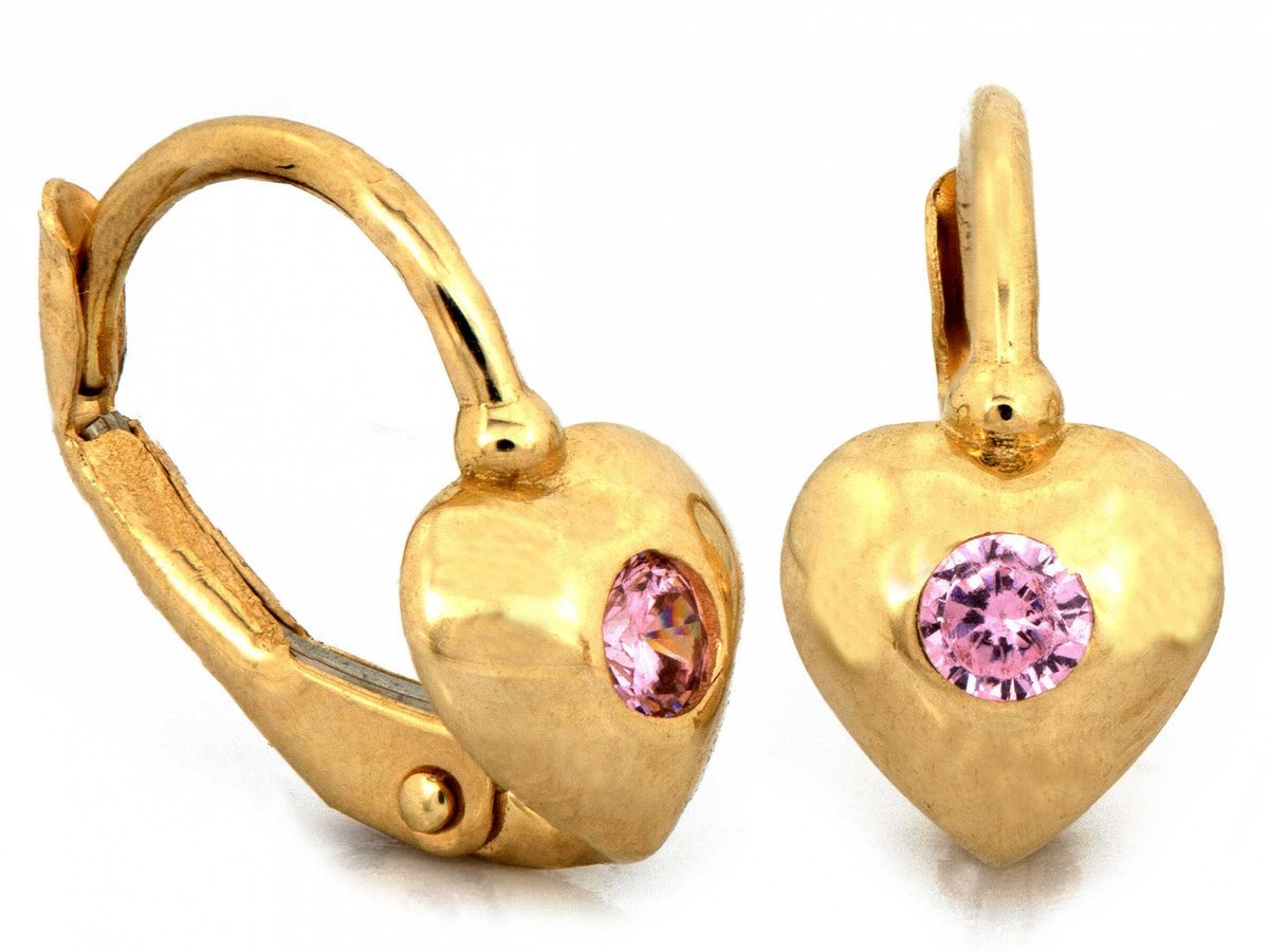 Kolczyki złote 585 angielskie z sercem z różowym kamieniem 1.23g